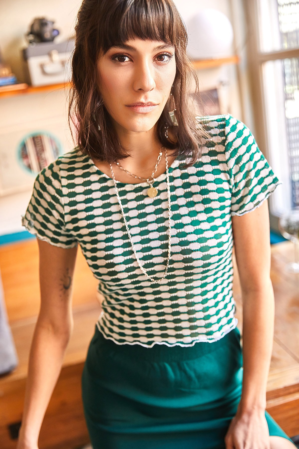 Женская зеленая полупрозрачная вязаная укороченная блузка Olalook, зеленый