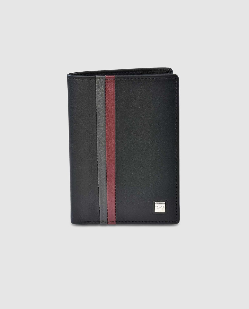 Мужской вертикальный кошелек Daviletto черный кожаный с двумя полосками Daviletto, черный браслет песочного цвета с бордовыми полосками из фарфора размер 21 см