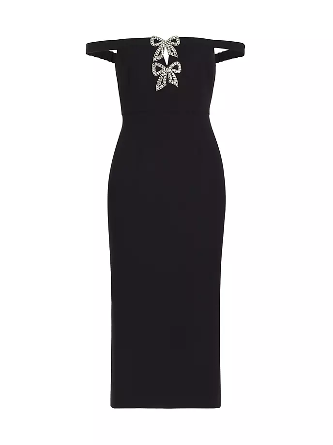 Платье миди из крепа с открытыми плечами и бантиком Diamanté Self-Portrait, черный