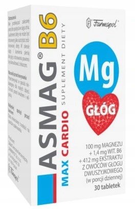 Farmapol, магний ASMAG B6 MAX CARDIO с боярышником, 30 таблеток.