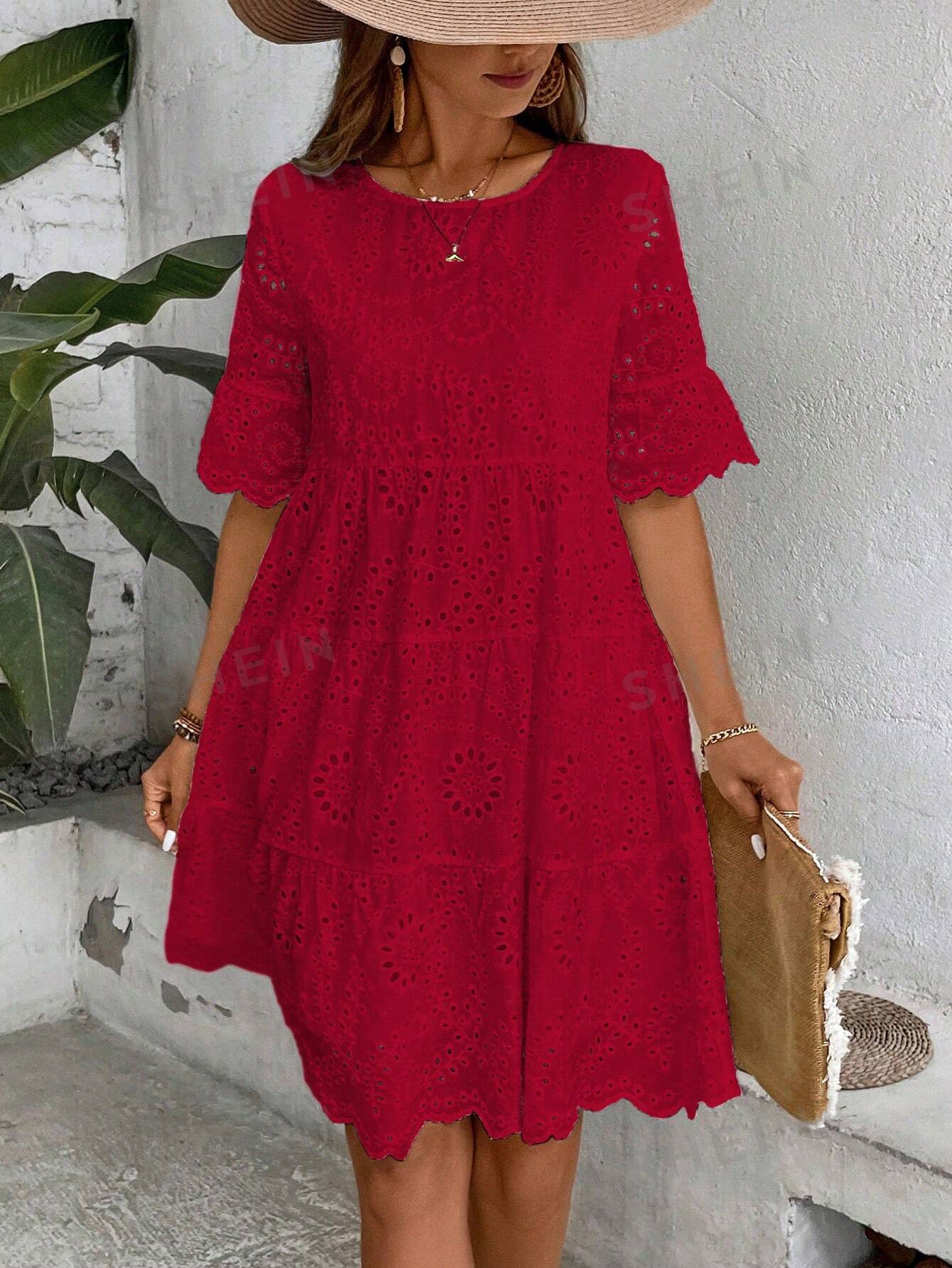 SHEIN LUNE Женское однотонное платье с вышивкой и вырезами, красный цена и фото