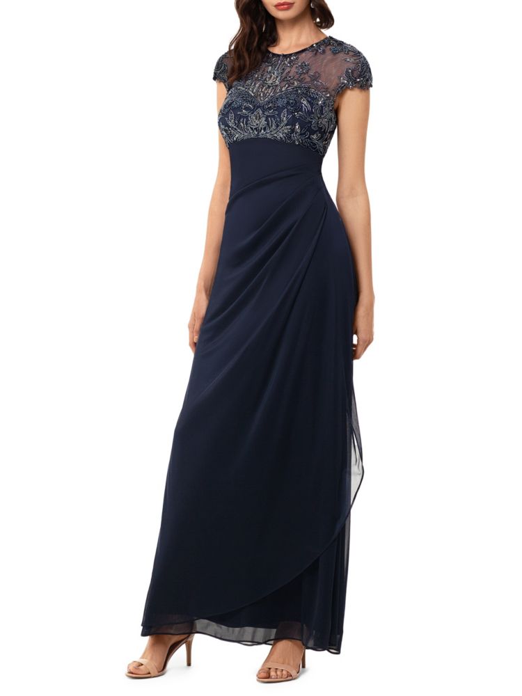 Прозрачное платье с иллюзией, расшитое бисером Xscape, темно-синий