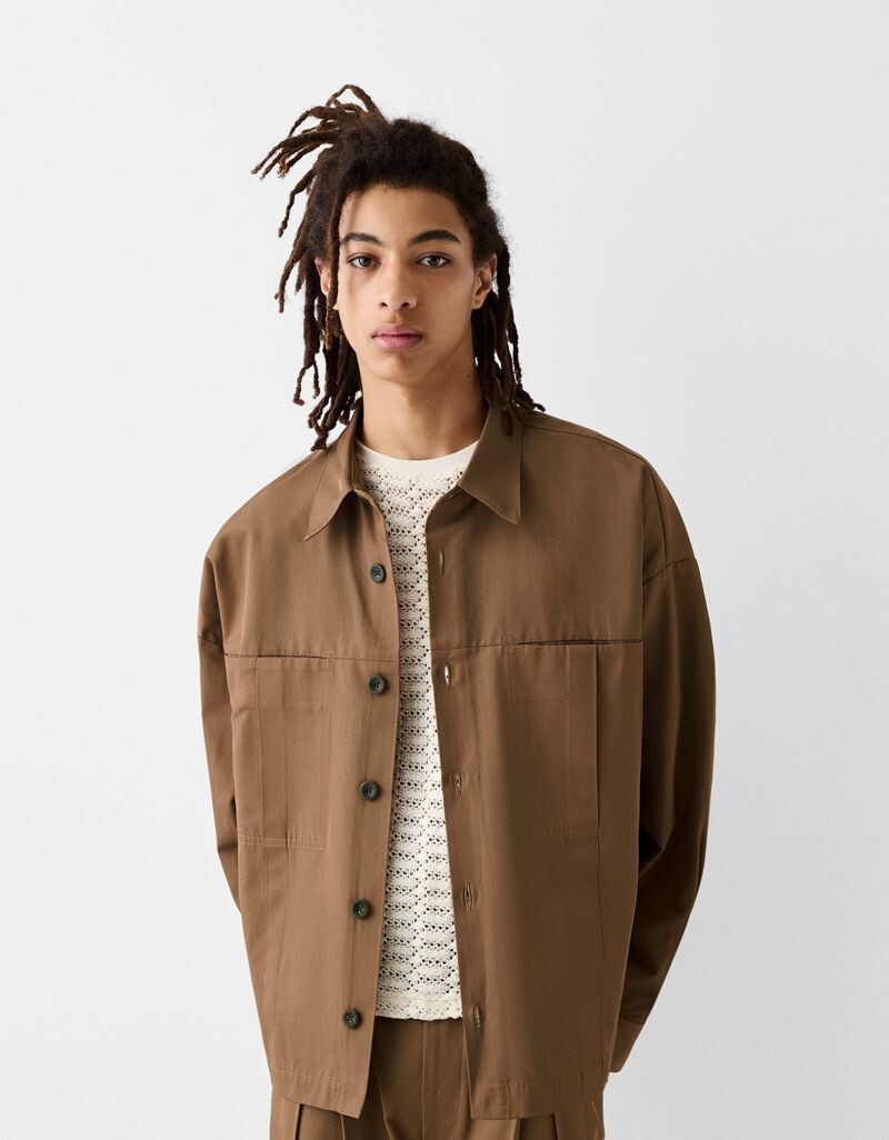 

Светло-коричневая рубашка с длинными рукавами Bershka Collection