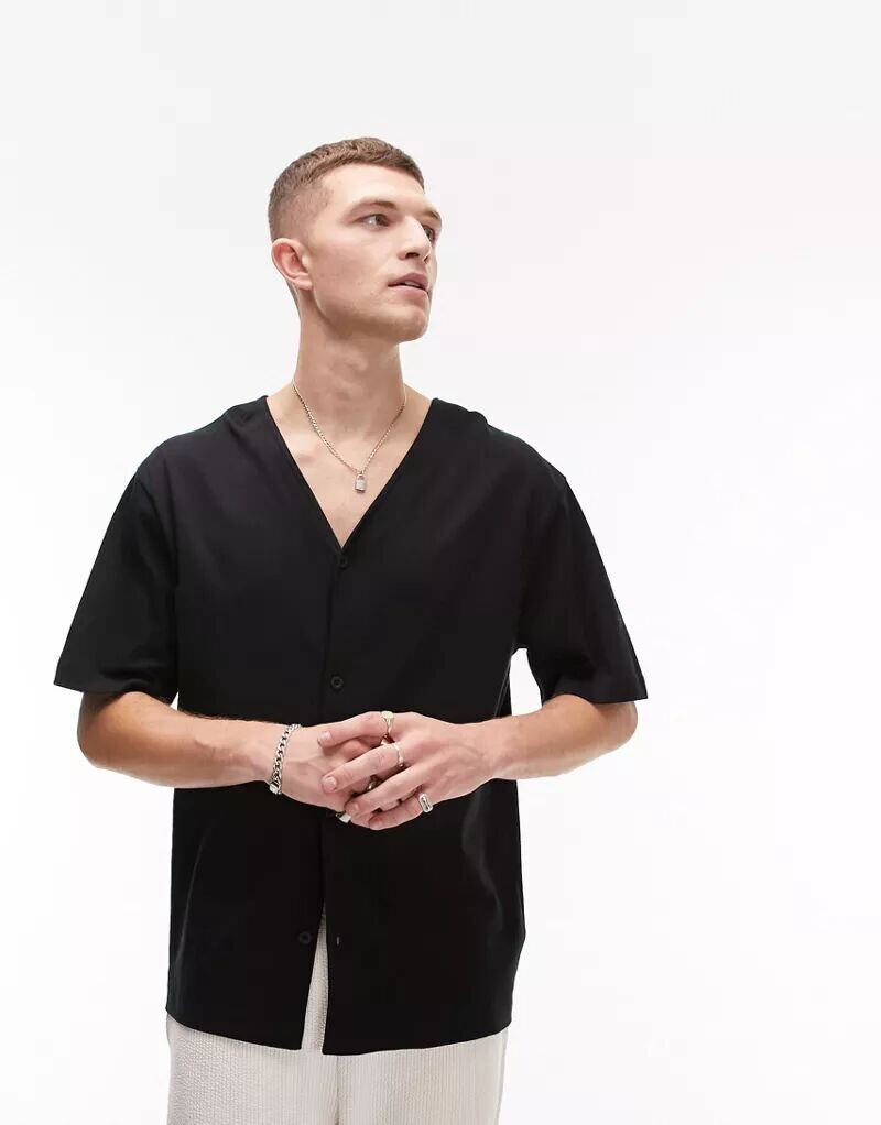 

Черная высококачественная футболка на пуговицах Topman