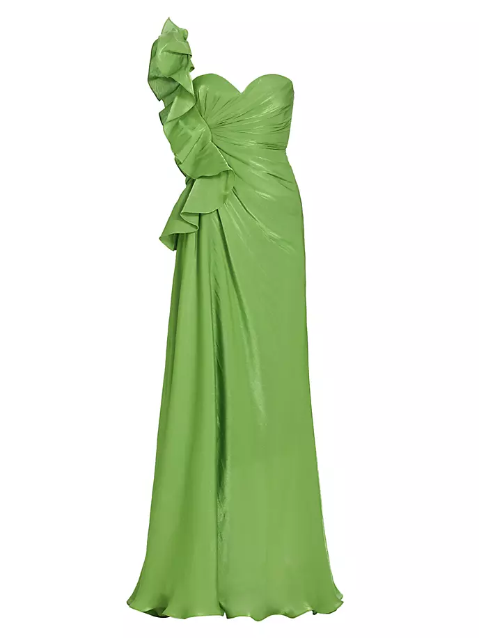 

Плиссированное платье с листьями на одно плечо Badgley Mischka, цвет aloe