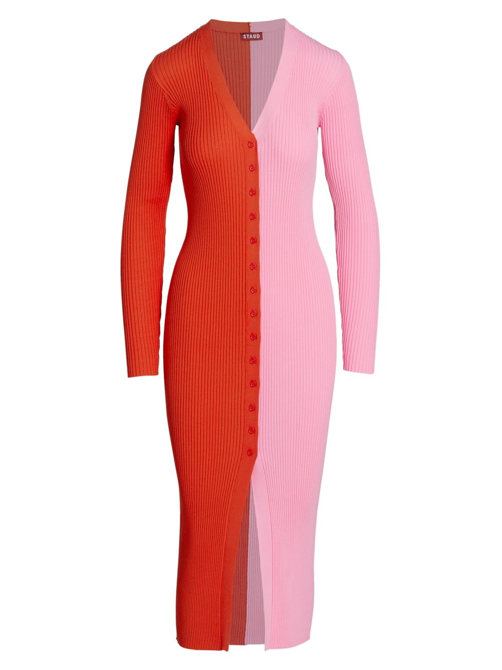 цена Облегающее платье-свитер Shoko с цветными блоками STAUD, роза