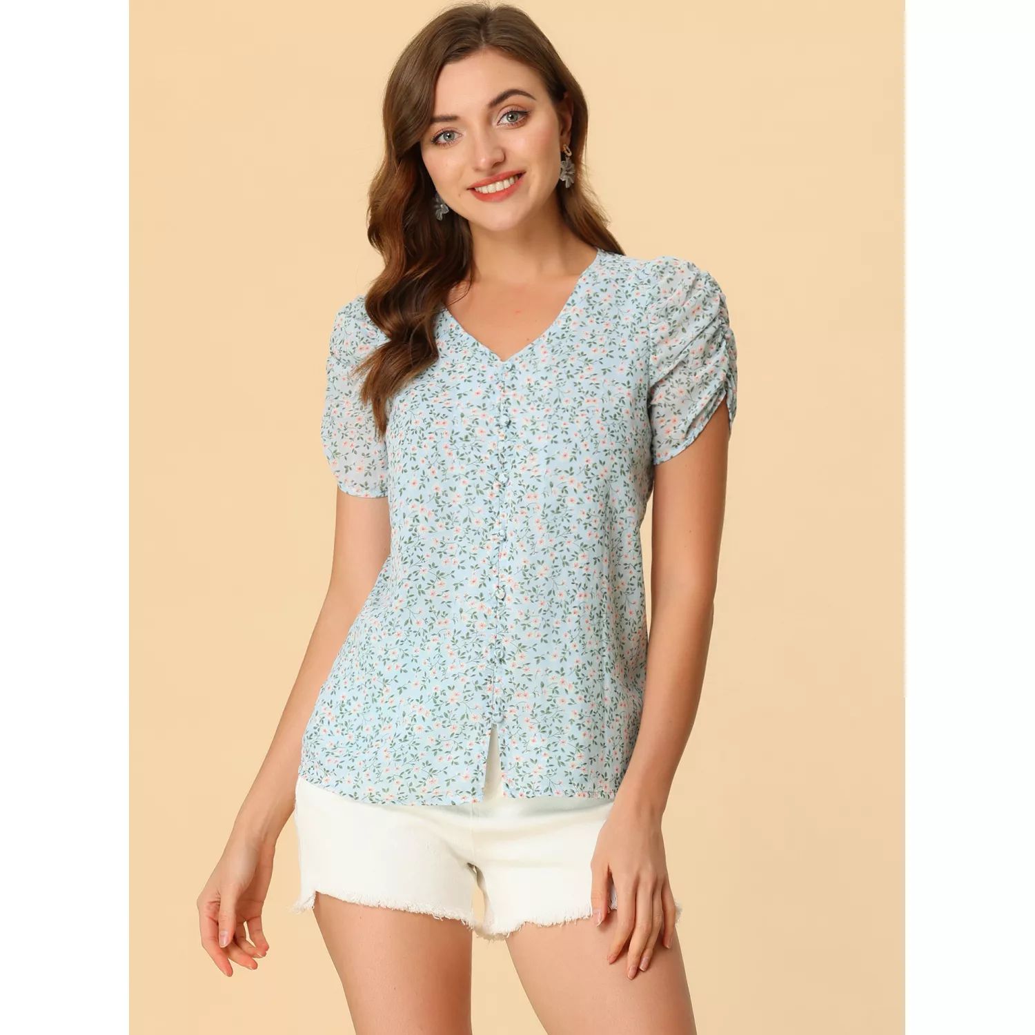 

Женская блузка с цветочным принтом и V-образным вырезом, свободные топы с короткими рукавами ALLEGRA K, синий