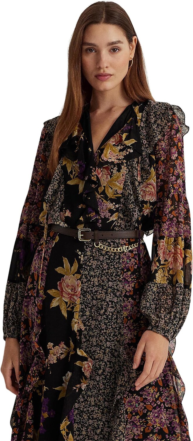 

Блузка из жоржета с цветочным принтом и оборками LAUREN Ralph Lauren, цвет Black/Tan/Multi