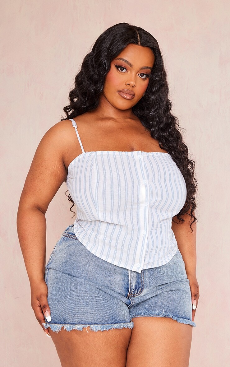 

PrettyLittleThing Льняной топ с бретелями Plus в синюю полоску