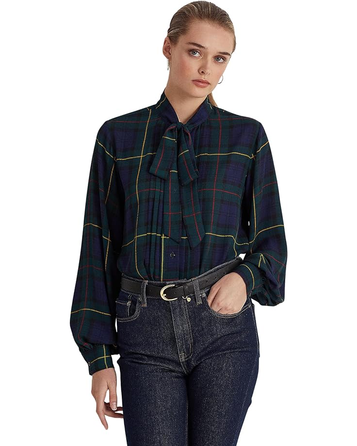 

Рубашка LAUREN Ralph Lauren Plaid Tie Neck Georgette Shirt, нави