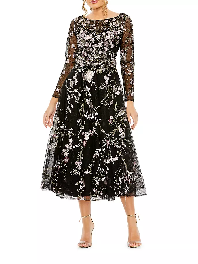 

Платье миди из тюля с вышивкой и цветочным принтом Mac Duggal, черный
