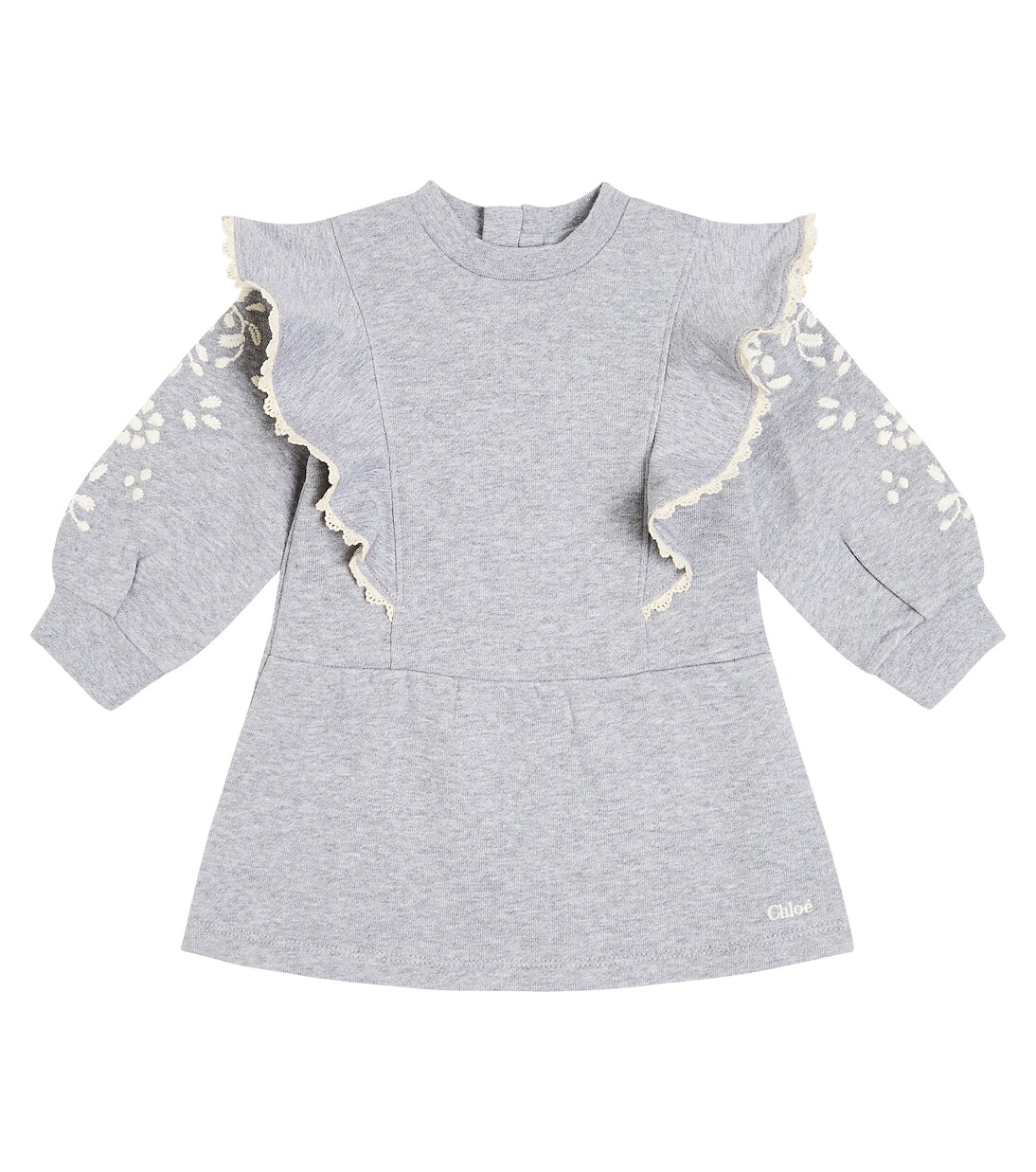 

Детское платье из хлопкового джерси с вышивкой Chloé Kids, серый