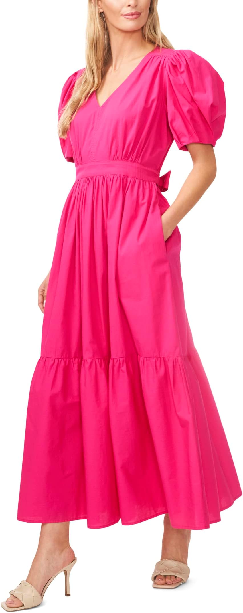 Платье макси с V-образным вырезом и пышными рукавами CeCe, цвет Bright Rose цена и фото