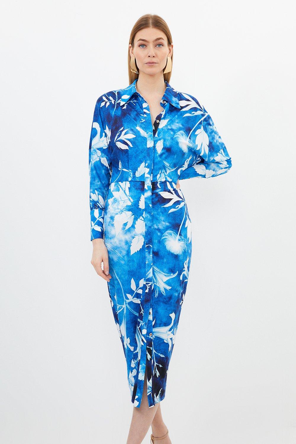 Платье-рубашка из крепа макси из прессованного джерси с цветочным принтом Karen Millen, синий