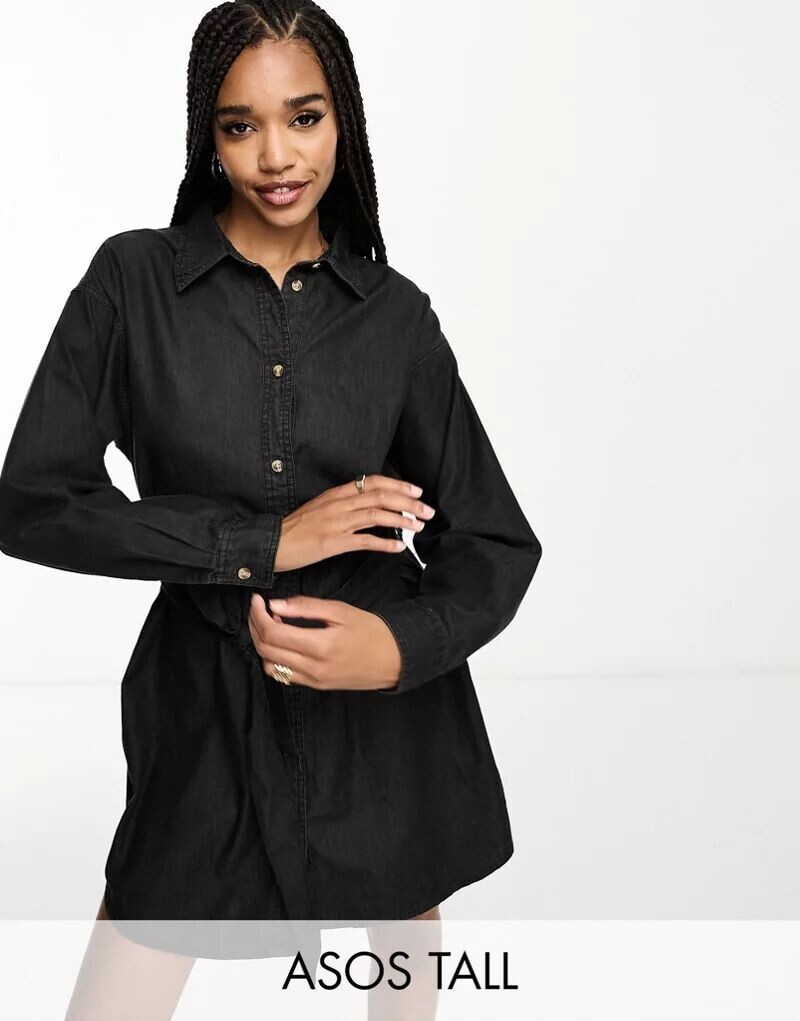 

Черное джинсовое платье мини с поясом ASOS DESIGN Tall
