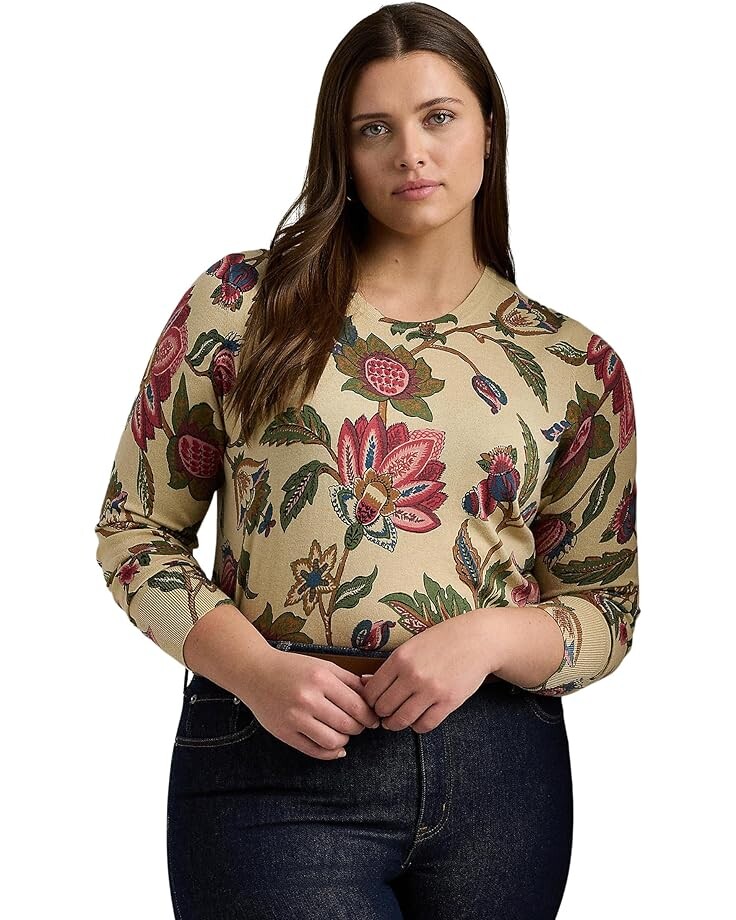 

Свитер LAUREN Ralph Lauren Plus-Size Floral Cotton-Blend Sweater, кремовый, Бежевый