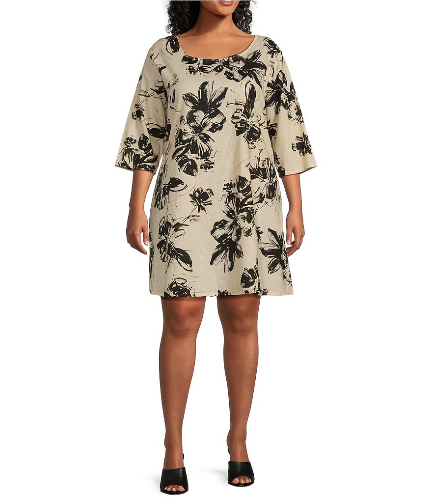 Платье прямого кроя с круглым вырезом и рукавами 3/4 Bryn Walker размера плюс, из смесового льна с цветочным принтом, бежевый