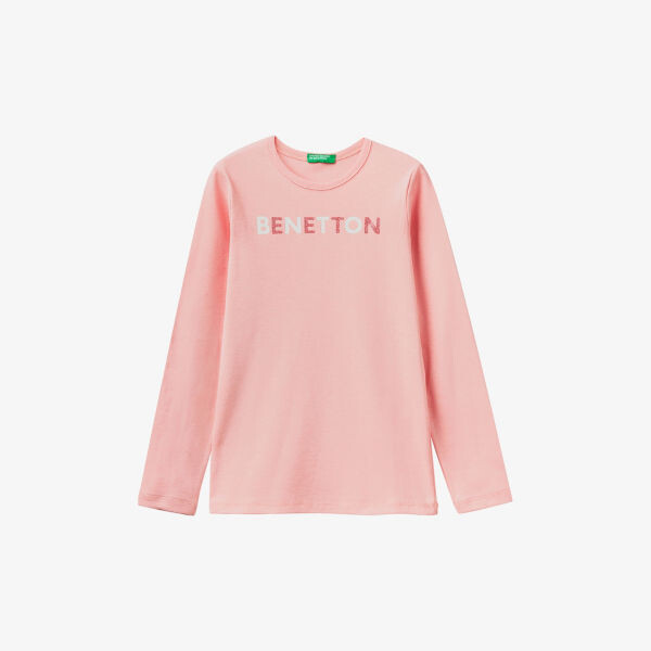 

Футболка с длинными рукавами и логотипом из органического хлопка 6–14 лет Benetton, розовый