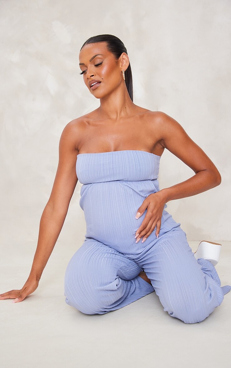 

PrettyLittleThing Синий и серый плавучий топ-бандо в рубчик с фактурной отделкой для беременных