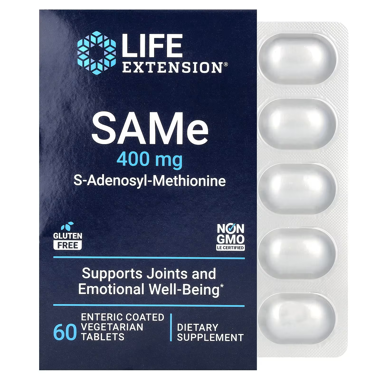 S-аденозил-метионин Life Extension SAMe 400 мг, 60 вегетарианских таблеток life extension same s аденозил метионин 400 мг 60 таблеток покрытых кишечнорастворимой оболочкой