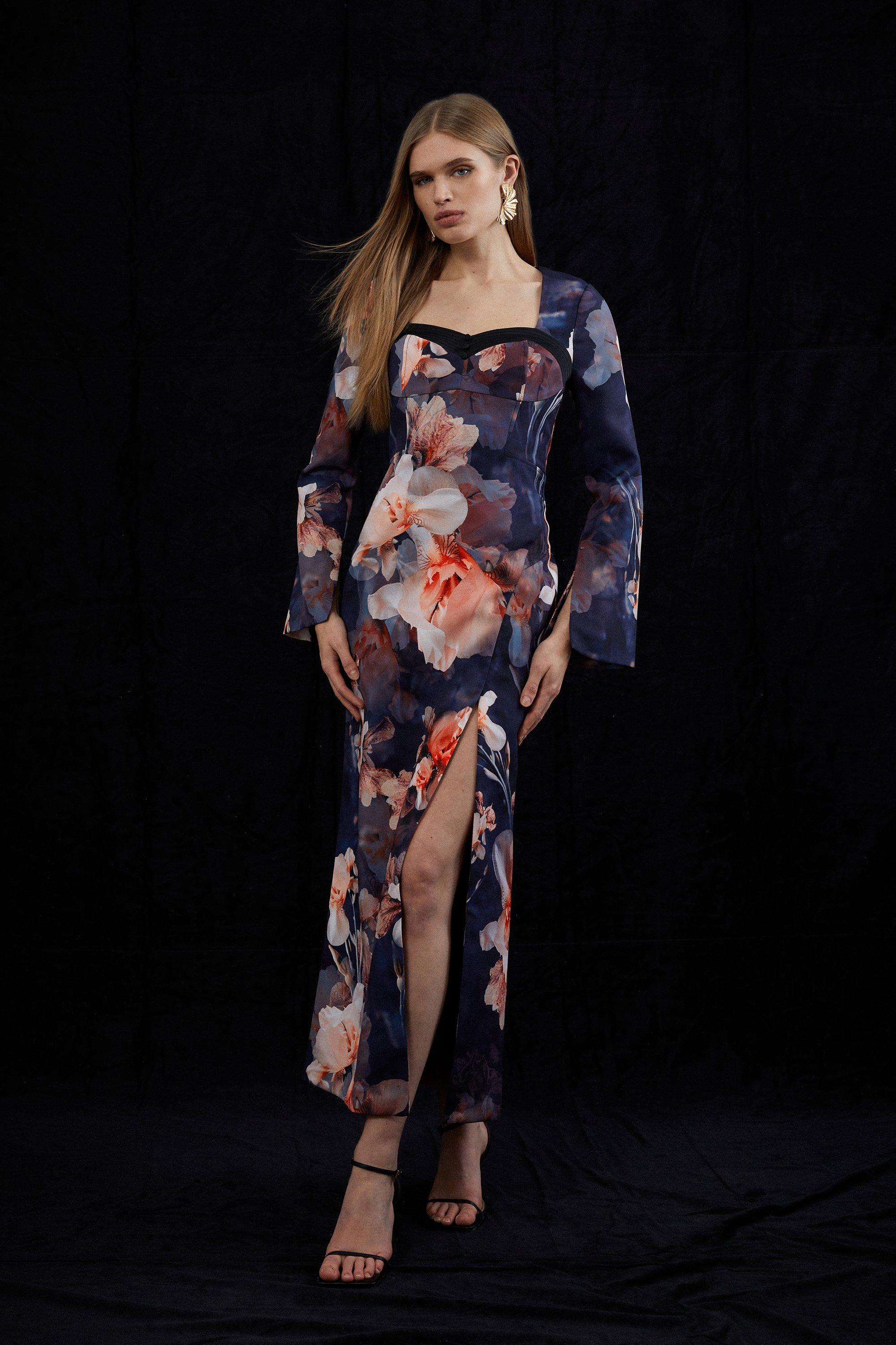 Высокое контрастное атласное тканое платье-миди с длинными рукавами и цветочным принтом Karen Millen, мультиколор
