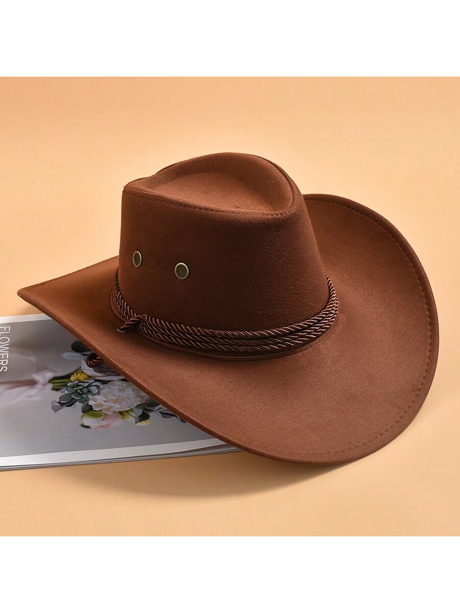 цена 1шт однотонная западная ковбойская шляпа для мужчин с широкими полями, коричневый