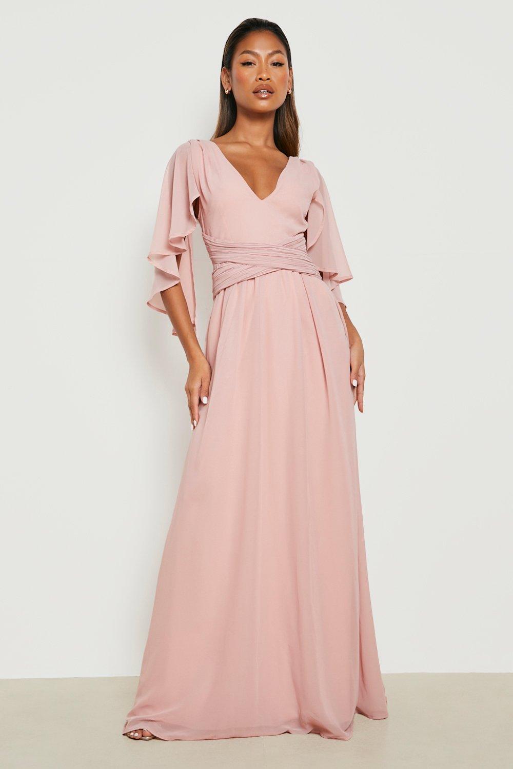 Шифоновое платье макси с рукавами ангела и запахом для подружки невесты boohoo, розовый платье твое длинное 42 размер