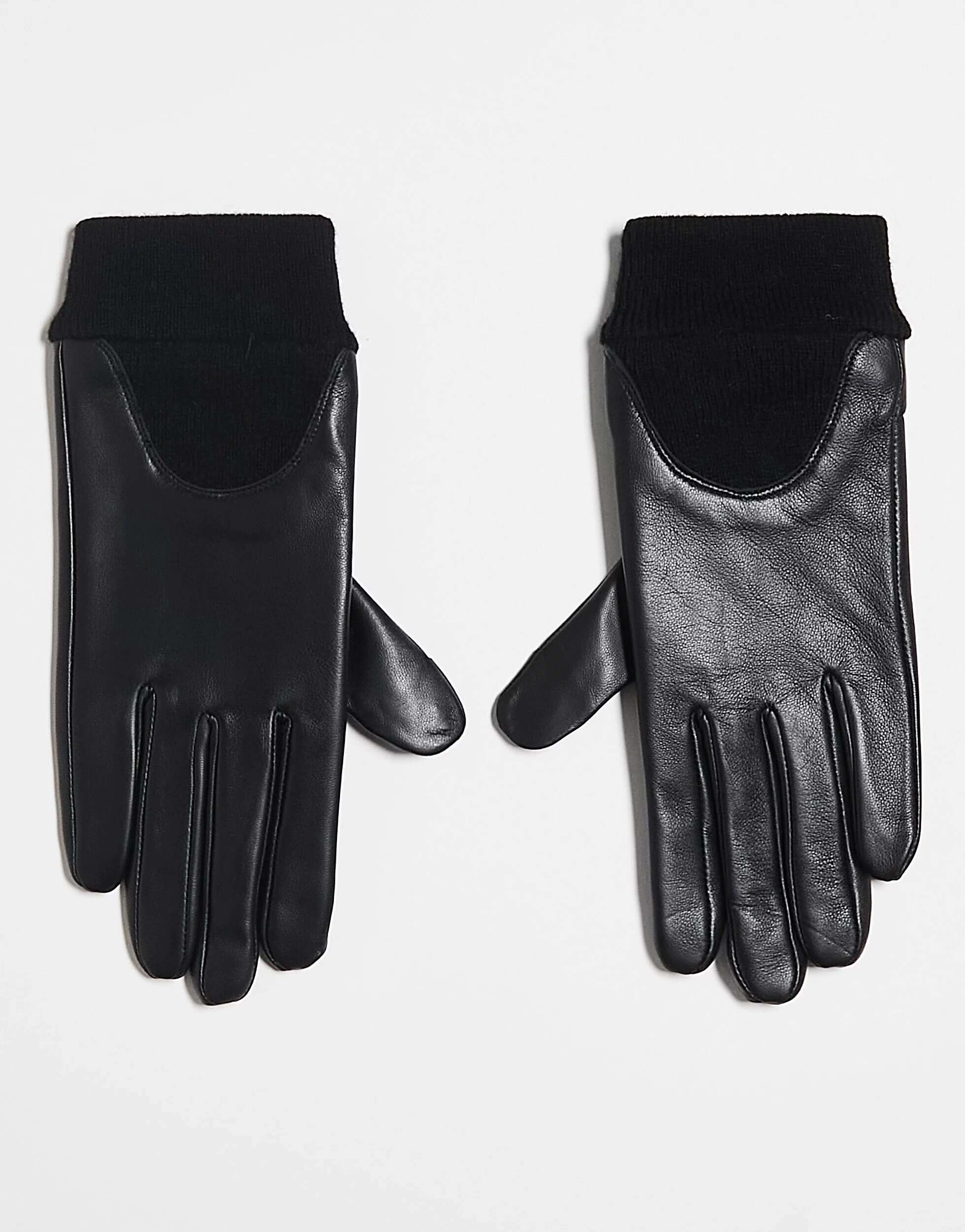 Черные кожаные перчатки с ребристой манжетой ASOS черные кожаные перчатки с сенсорным экраном и манжетой борг asos
