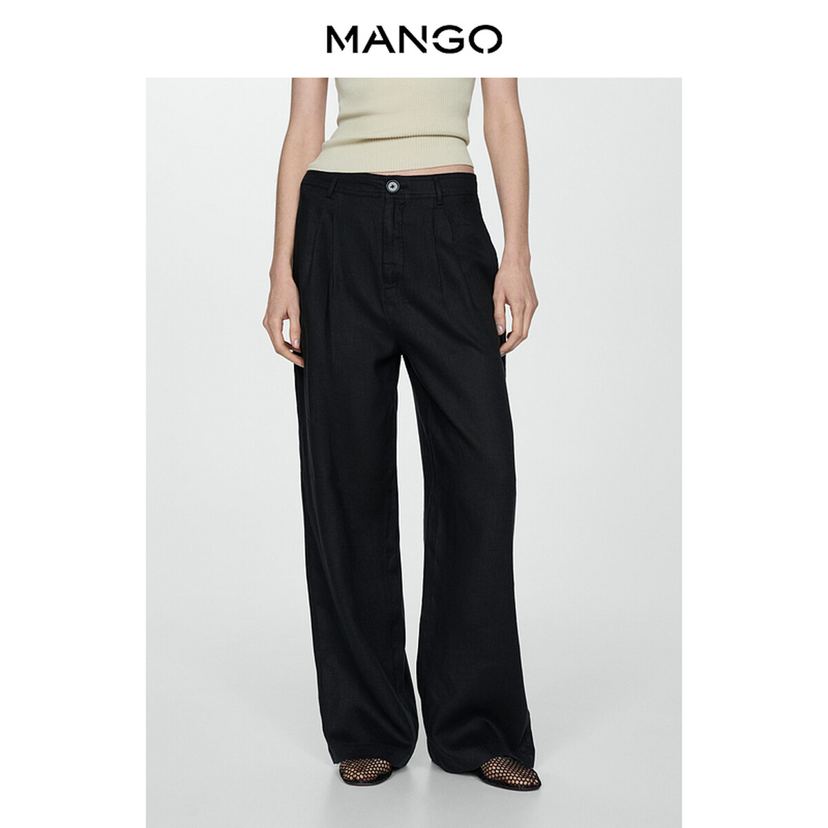 

Женские брюки Mango из льняной ткани с высокой талией, черный