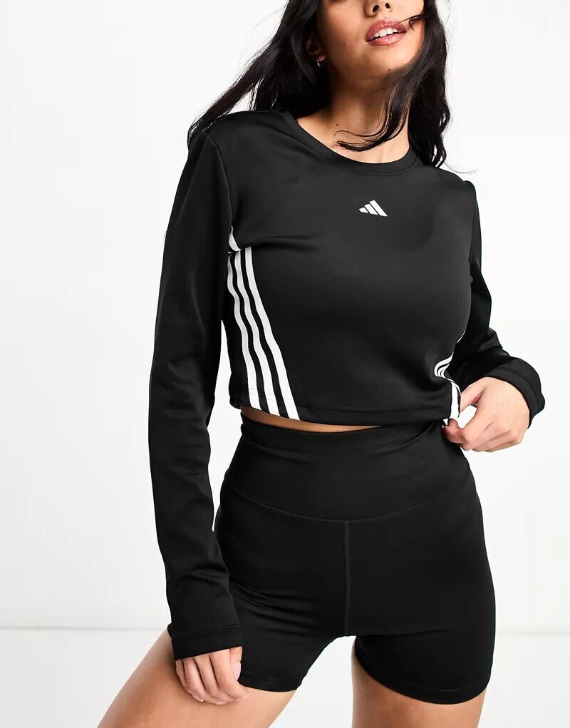 

Черный укороченный топ с длинными рукавами и тремя полосками по бокам adidas Training Hyperglam adidas performance