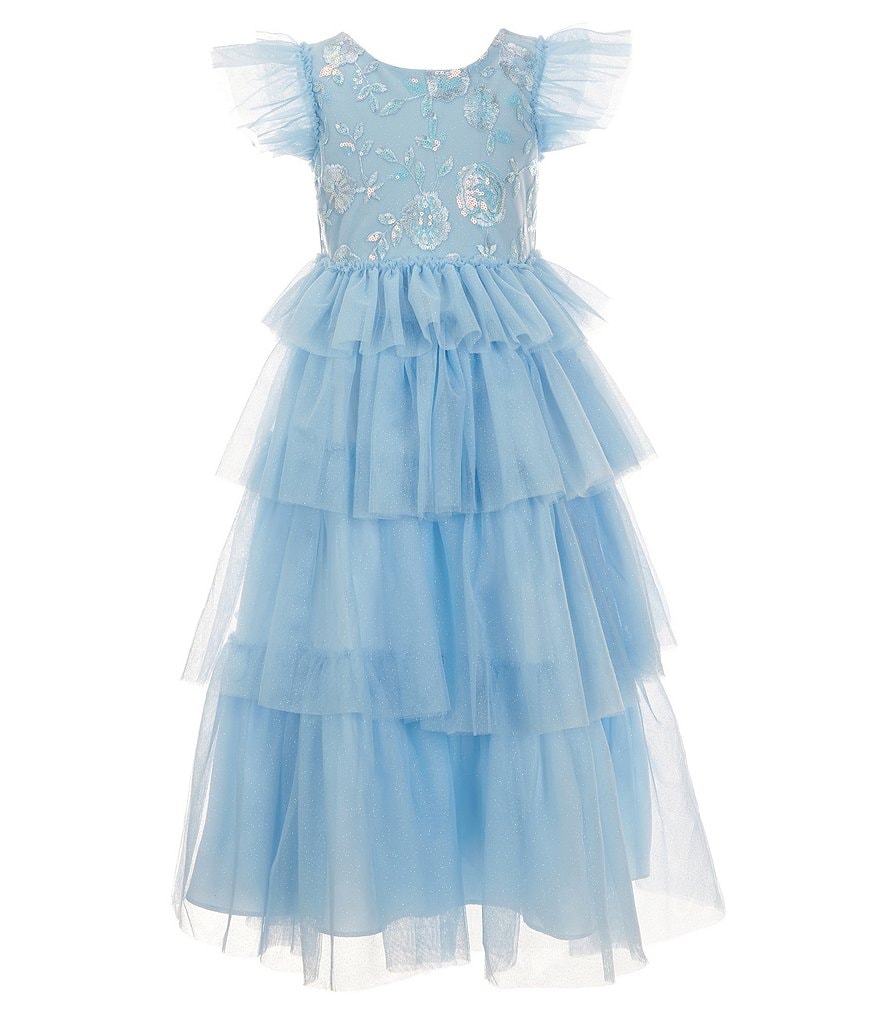 Rare Editions Бальное платье для маленьких девочек 2T-6X с развевающимися рукавами, расшитое пайетками/многоярусной сетчатой ​​юбкой, синий