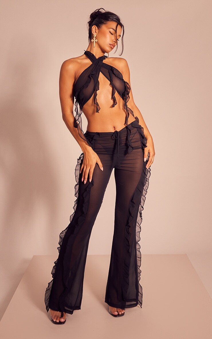 

PrettyLittleThing Черные шифоновые расклешенные брюки с рюшами на талии, Черный