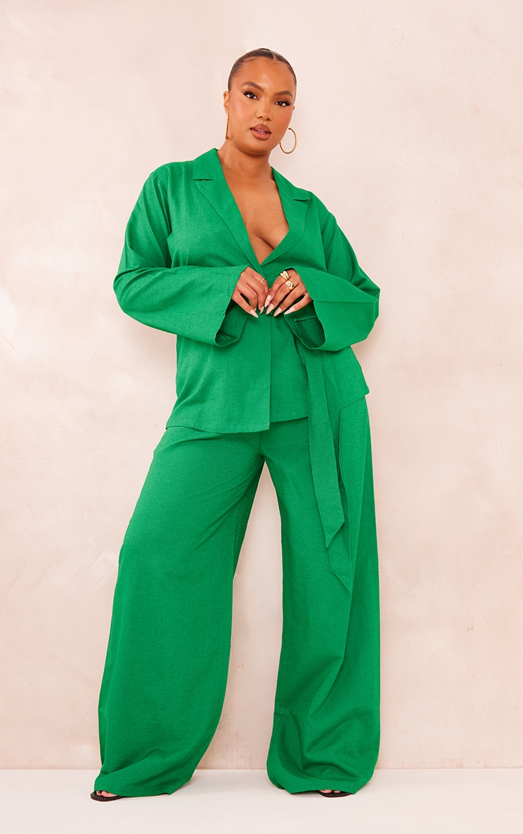 PrettyLittleThing Ярко-зеленые льняные брюки прямого кроя Plus