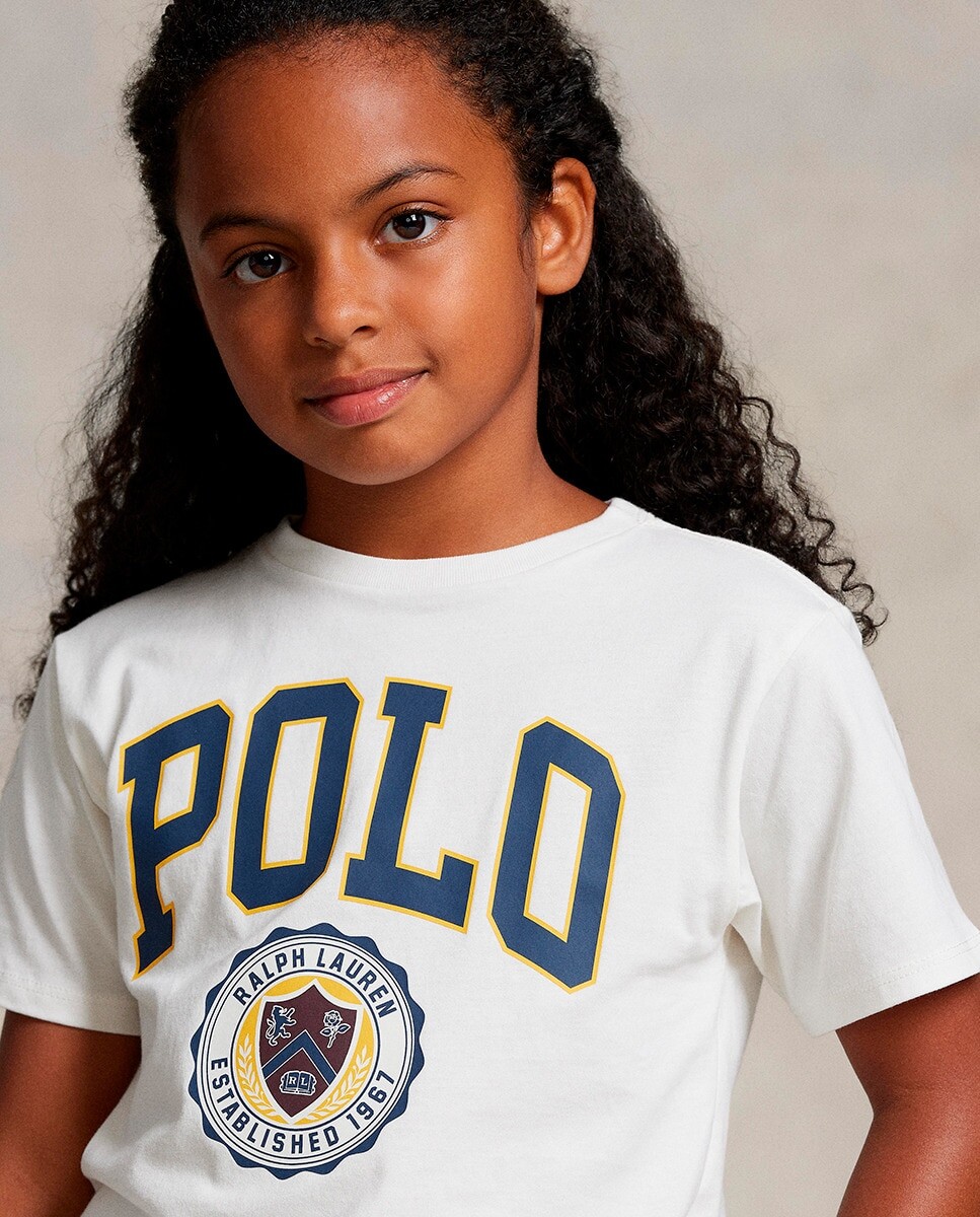 

Укороченная хлопковая футболка для девочек с поло Polo Ralph Lauren, белый