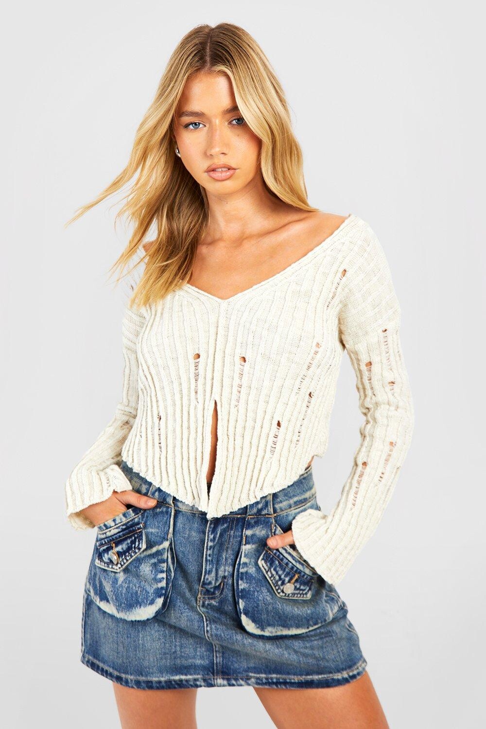 

Укороченный свитер в ребки Boohoo, слоновая кость, Бежевый