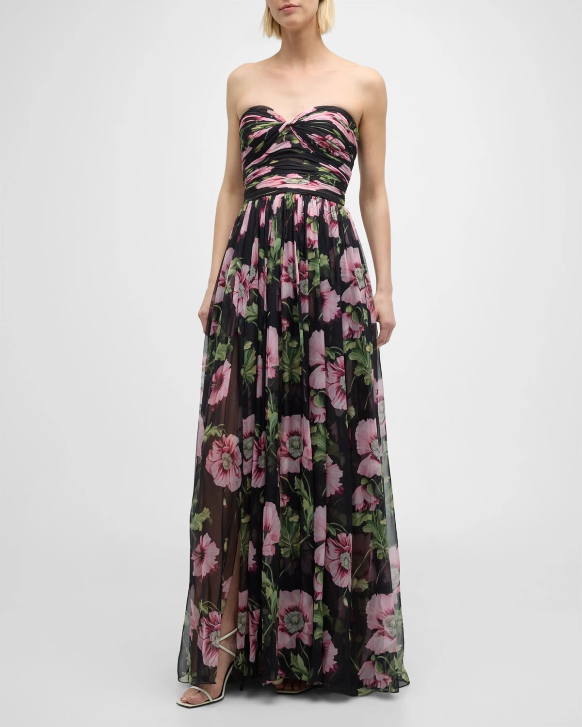 

Шифоновое платье без бретелек с принтом «Маки» Oscar de la Renta, цвет Navy Pink