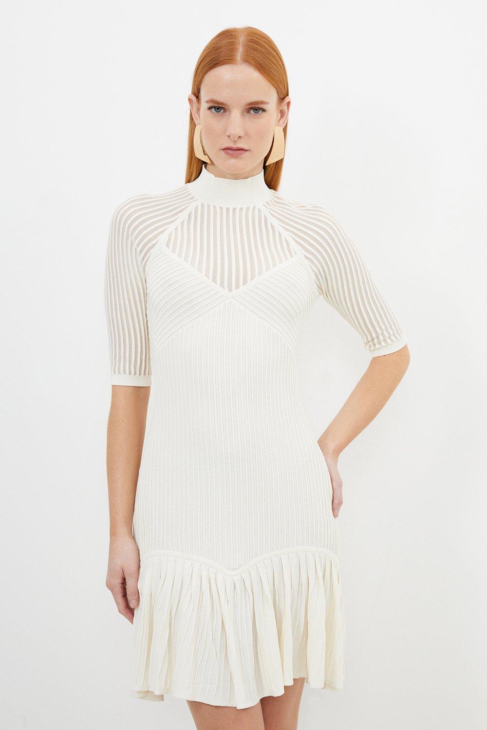 Мини-платье прозрачной вязки с баской из вискозы Karen Millen, белый платье макси с баской