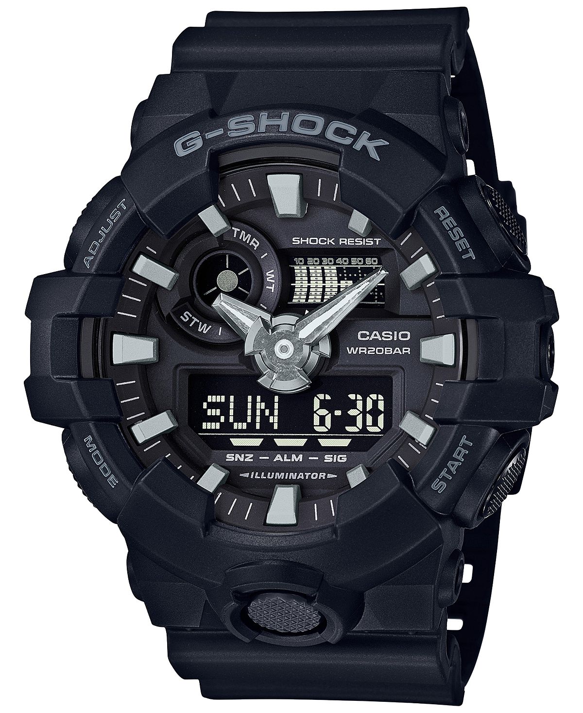цена Мужские аналогово-цифровые часы с черным полимерным ремешком 53x58 мм GA-700-1B G-Shock