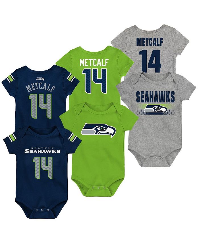 Комплект боди унисекс для новорожденных DK Metcalf College темно-синего и неоново-зеленого и серо-бежевого цветов Seattle Seahawks, комплект из трех комплектов боди с именем и номером Outerstuff, синий