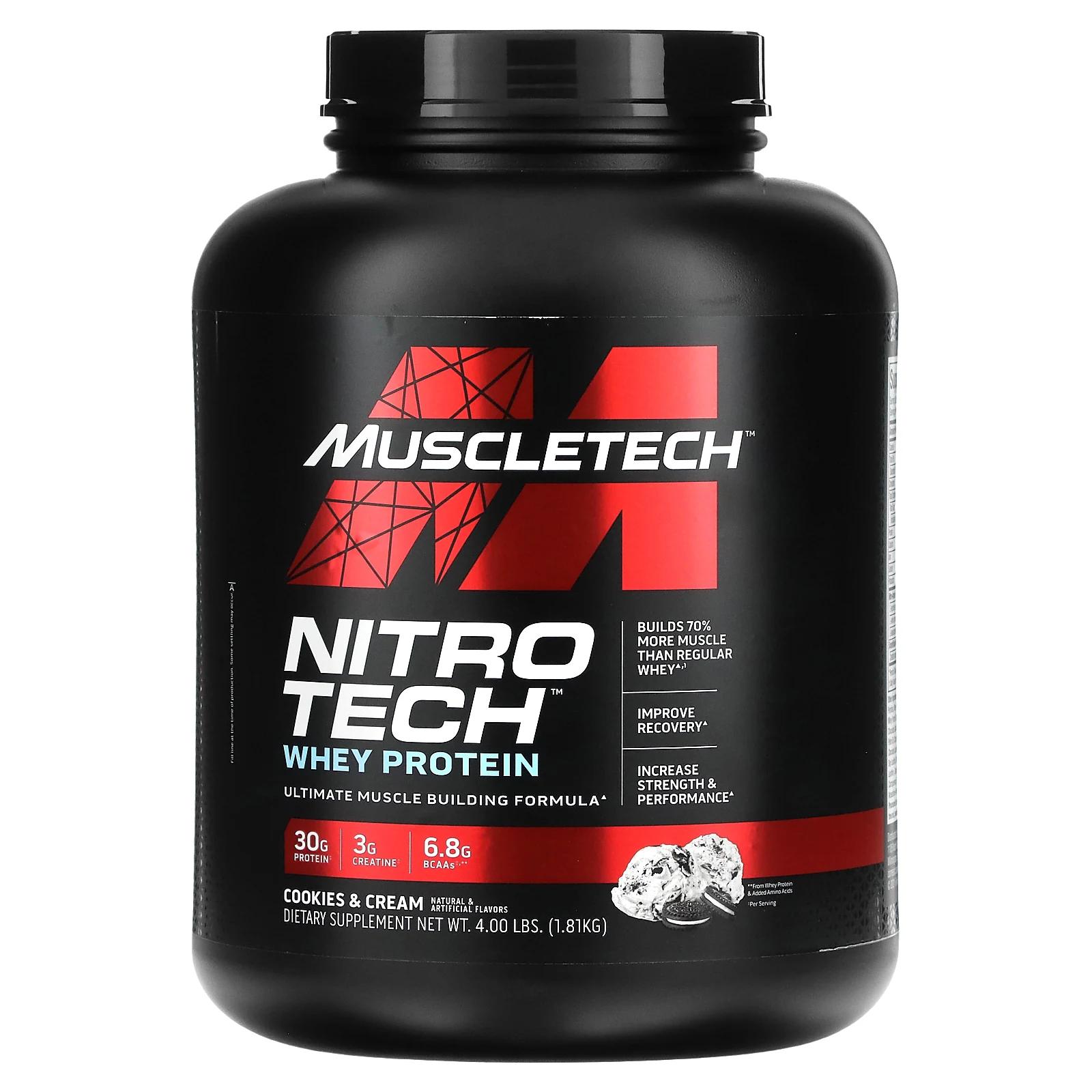 Muscletech Nitro Tech сывороточный изолят + смесь для роста сухой мышечной массы вкус печенья с кремом 1,80 кг (3,97 фунта)
