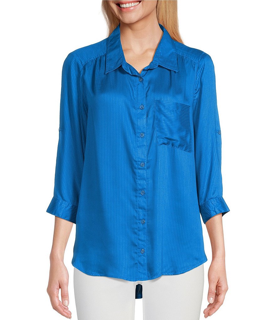 Рубашка на пуговицах спереди с высоким и низким подолом, тканый однотонный полосатый воротник с закругленными язычками и рукавами 3/4 Intro, синий