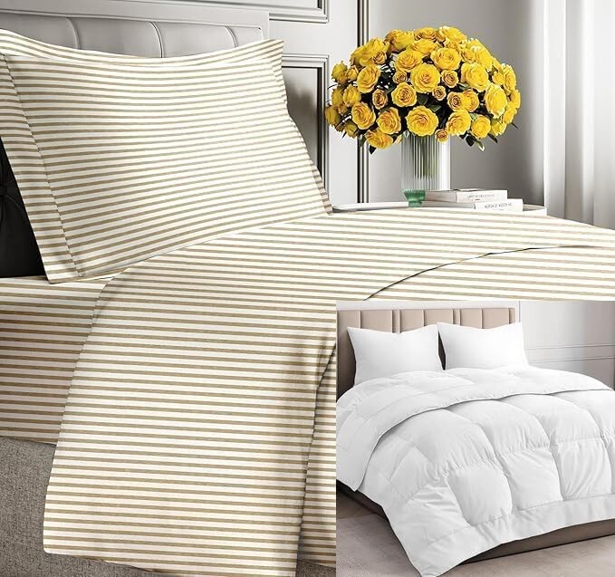 

CGK Unlimited Beige Stripes 2 пуховых одеяла с одеялом (размер Twin/TXL) — очень мягкий пододеяльник с 1 наволочкой — альтернативное белое пуховое одеяло — роскошный постельный комплект