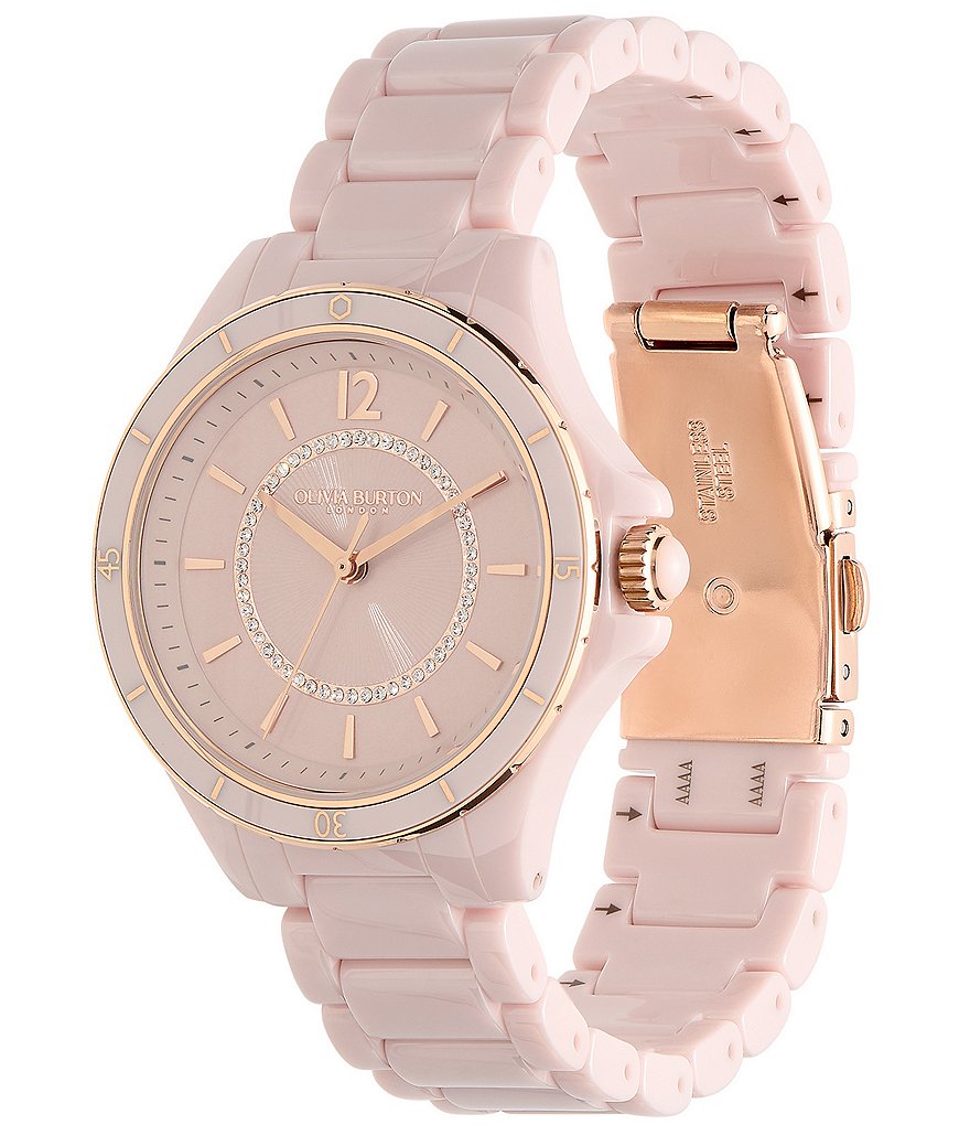 Olivia Burton Женские спортивные роскошные кварцевые часы с хронографом и румяным керамическим браслетом, розовый