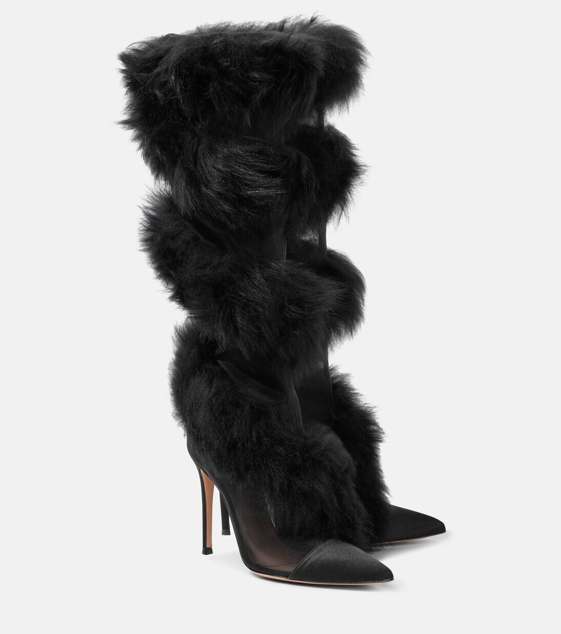 

Сапоги до колена из овчины и сетки Gianvito Rossi, цвет black+black+black
