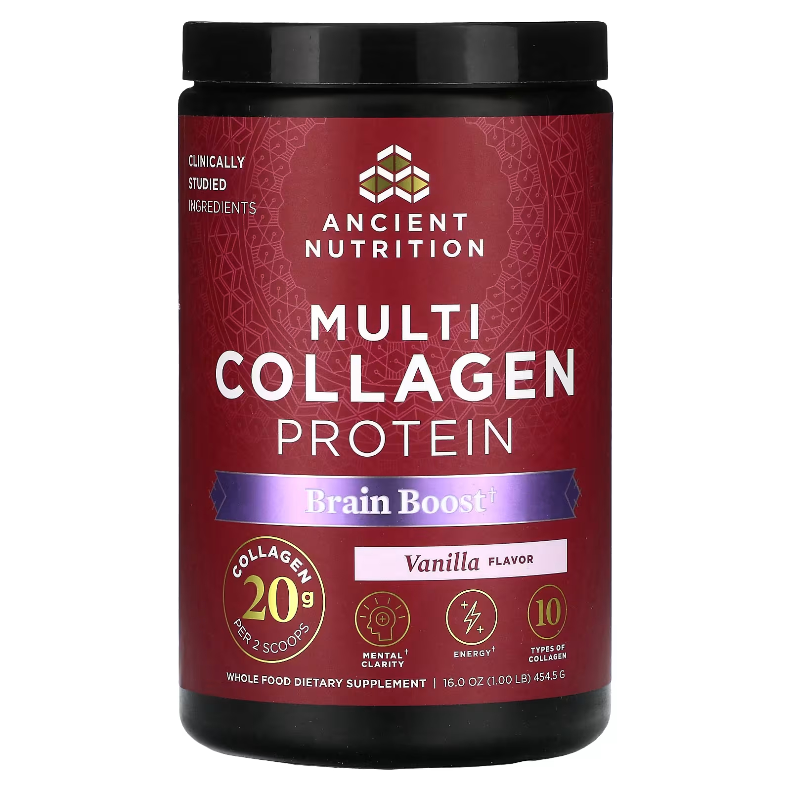 Пищевая добавка Ancient Nutrition Multi Collagen Protein Brain Boost ванильный, 454,5 г пищевая добавка sunwarrior shape slim collagen boost ваниль 750 г