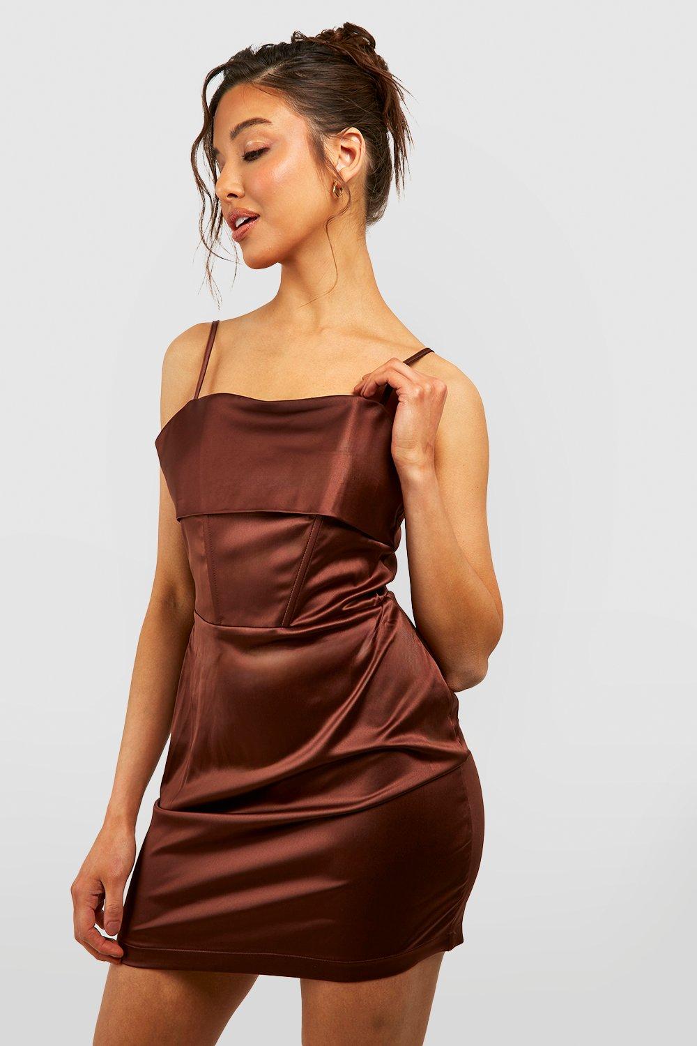 Атласное мини-платье с корсетом boohoo, коричневый