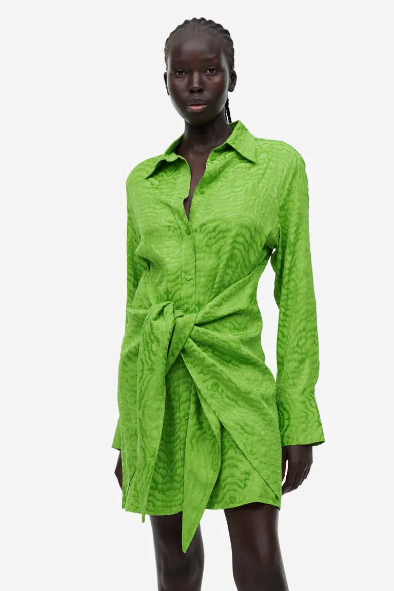 Платье-рубашка со шнурками H&M, зеленый платье с пуговицами спереди h