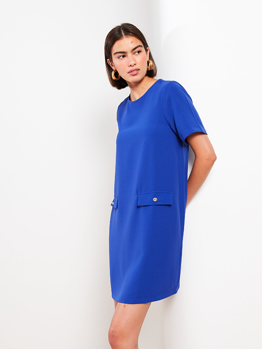 Прямое женское платье с круглым вырезом и короткими рукавами LCW Vision, средний синий прямое женское платье с круглым вырезом и коротким рукавом lcw vision
