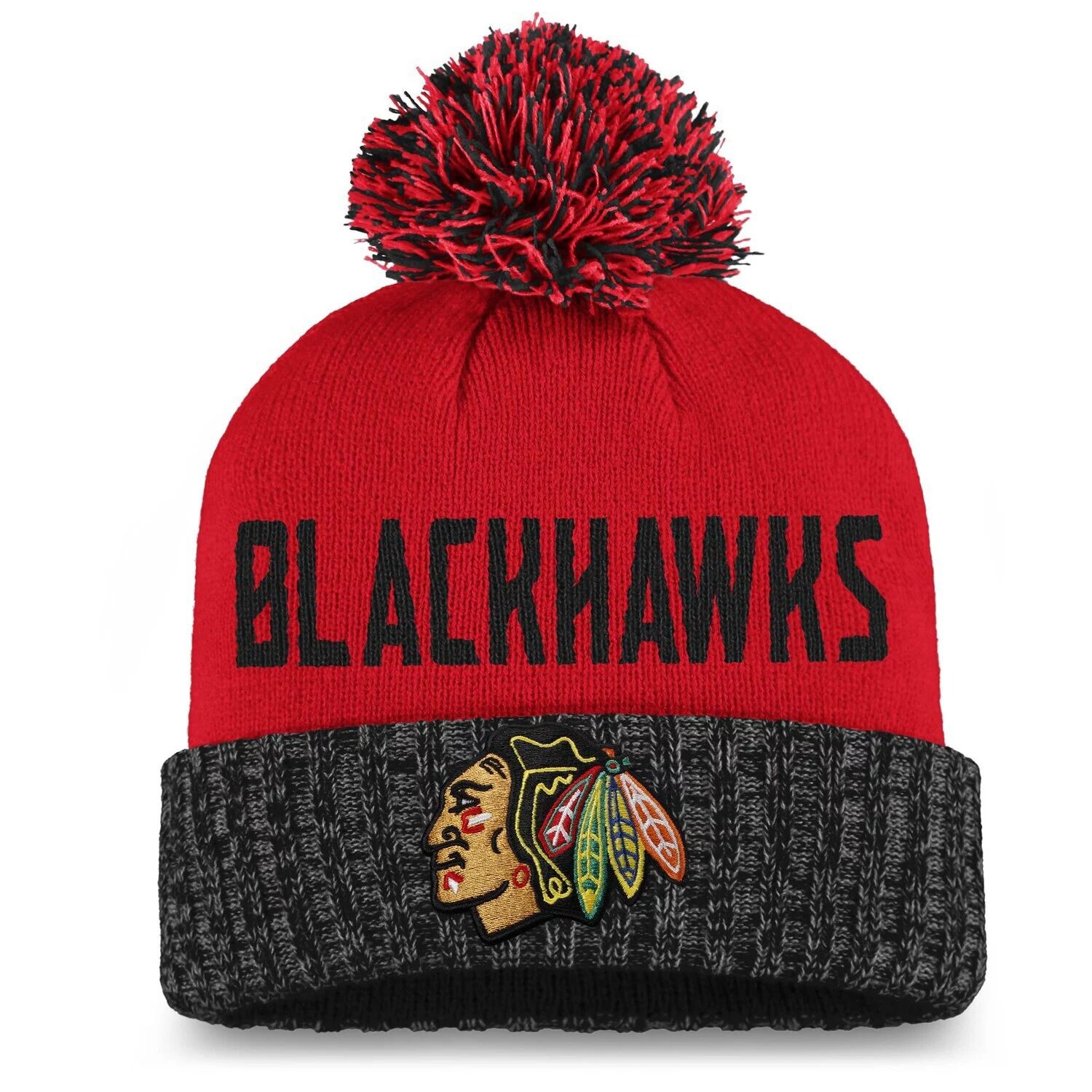 

Женская фирменная красно-черная вязаная шапка Chicago Blackhawks с манжетами и помпоном Fanatics Fanatics