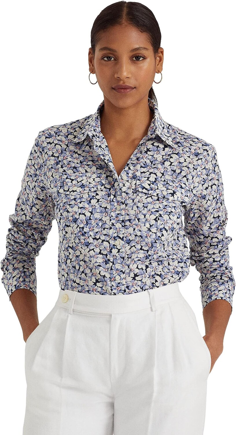 

Рубашка из хлопковой вуали с цветочным принтом Petite LAUREN Ralph Lauren, цвет Blue/Cream/Pink